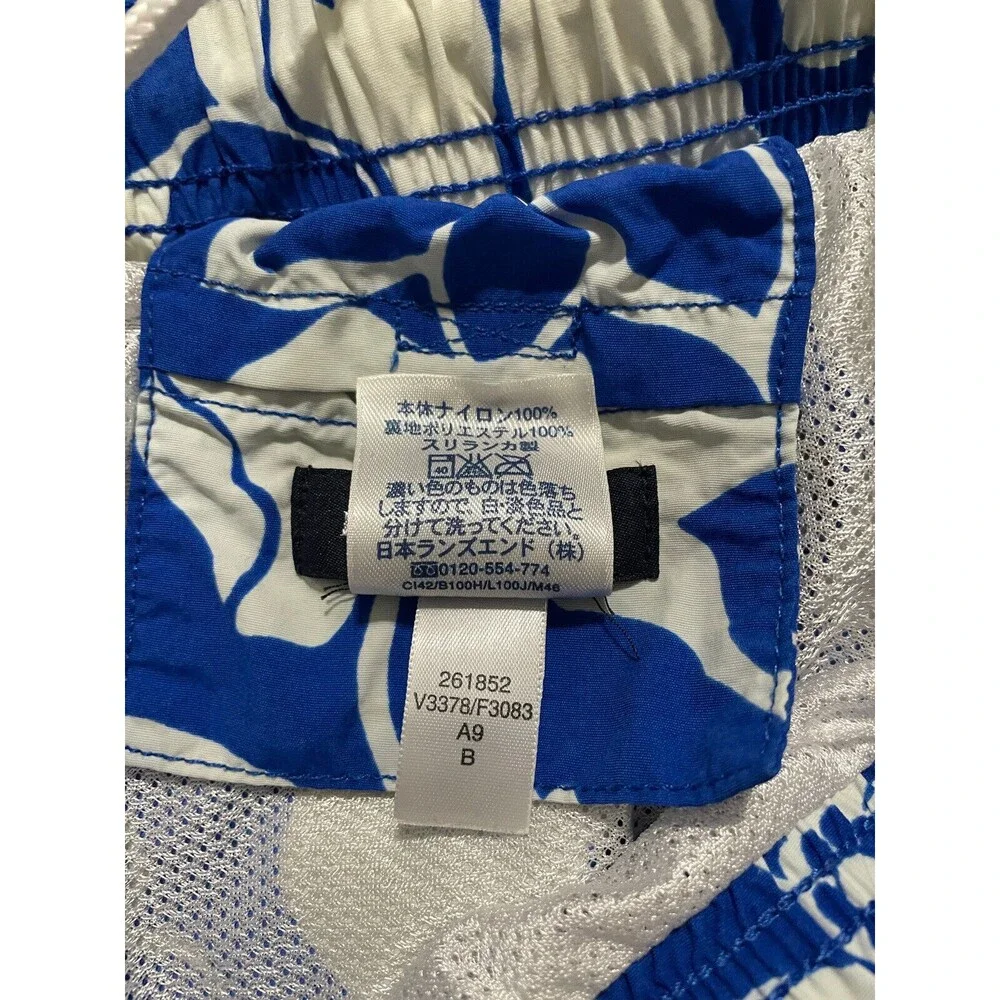 Lands End Swim Trunk Shorts Mens Large 36 38 Blue White Floral Pull On Lined